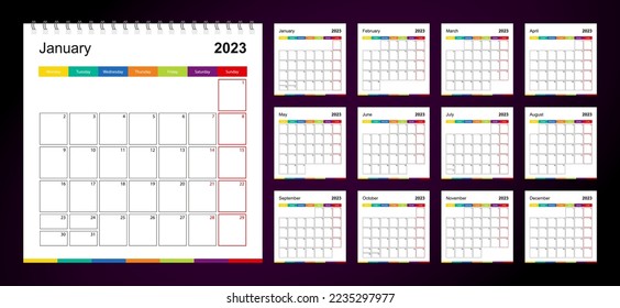 Colorful wall calendar for 2023 on dark background, week starts on Monday. 2023 Calendar template size 12x12 inches. svg