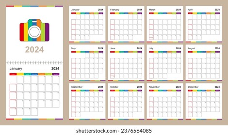 Colorful wall calendar for 2024 on beige background, week starts on Sunday. 2024 Calendar template size 12x12 inches. svg