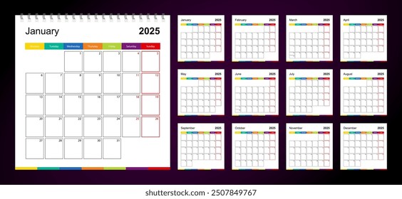 Colorful wall calendar for 2025 on dark background, week starts on Monday. 2025 Calendar template size 12x12 inches.