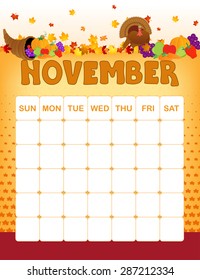 Colorful wall calender page template with seasonal graphics for each month. November autumn and thanksgiving themed calender page