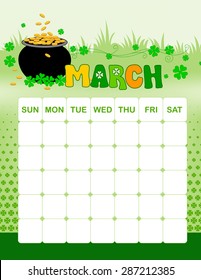 Colorful wall calender page template with seasonal graphics for each month. March st.patricks day themed calender page