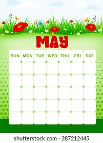 Colorful wall calender page template with seasonal graphics for each month. May spring floral themed calender page
