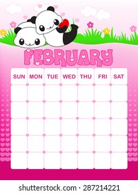 Colorful wall calender page template with seasonal graphics for each month. February valentines day themed calender page