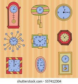 Colorful wall clock doodles cute vector set