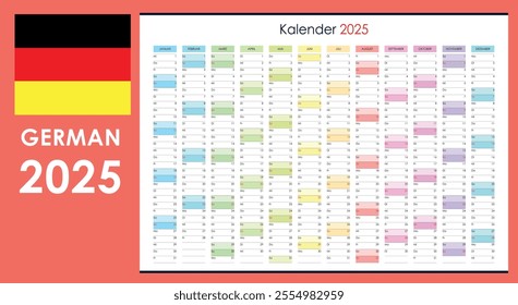 Colorful wall planner for 2025. Annual one page calendar in German