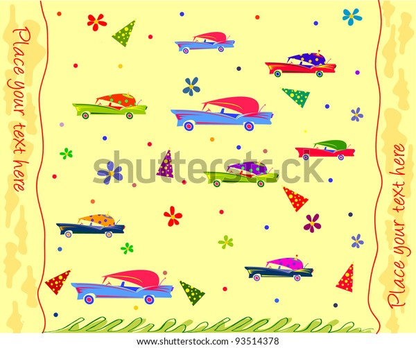 Colorful wallpaper with\
cars and flowers