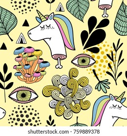 Colorful wallpaper with dead unicorn and human eyes. Psychodelic vector background.