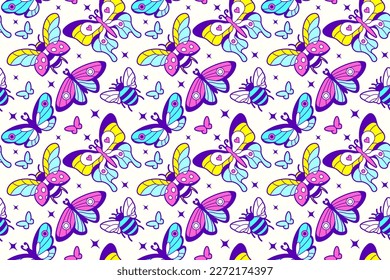 Papel colorido, fondo transparente de primavera con mariposas, insectos. Patrón divertido y sin fisuras. Fondo de color groovy para el bebé.