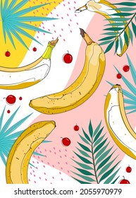 Colorful wallpaper vector.Abstract pattern with Banana and leaves.Fresh fruit background.good for printing.Tropical.