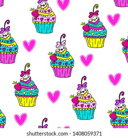 Colorful wallpapers. Seamless pattern with cupcakes on bright background 