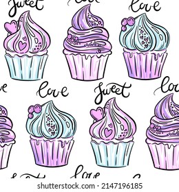 Colorful wallpapers. Seamless pattern with cupcakes on white background 