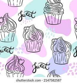 Colorful wallpapers. Seamless pattern with cupcakes on white background 