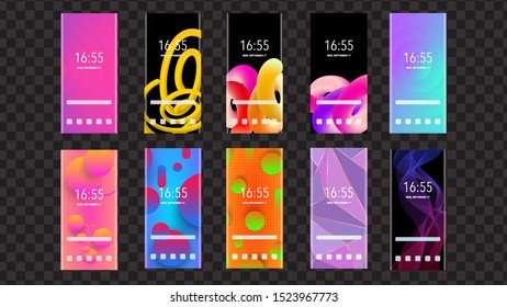 Colorful wallpapers set on mobile device screen isolated on transparent background, vector illustration. Geometric shapes, fluid flowing lines, motion minimalist color, abstract gradient cover concept