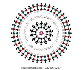 Colorful Warli art with green and red combination isolated on white background - vector illustration