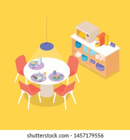 Colorful warm isometric dinning space in yellow. Vector illustration in flat design, isolated.