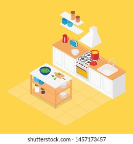 Colorful warm isometric kitchen in yellow. Vector illustration in flat design, isolated.
