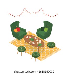 Colorful warm isometric modern cafe on white. Vector illustration in flat design, isolated.