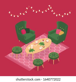 Colorful warm isometric modern cafe in red. Vector illustration in flat design, isolated.