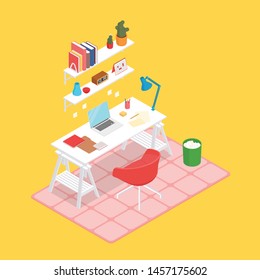 Colorful warm isometric work space in yellow. Vector illustration in flat design, isolated.