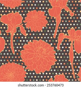 Colorful warm orange seamless floral aster-iris pattern with dots