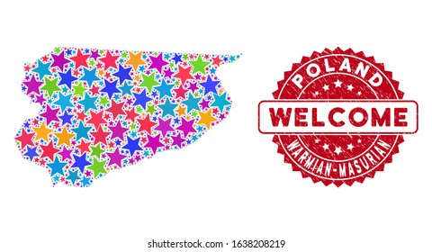 Colorful Warmian-Masurian Voivodeship map mosaic of stars, and distress rounded red WELCOME stamp. Abstract territorial plan in colorful color tones.