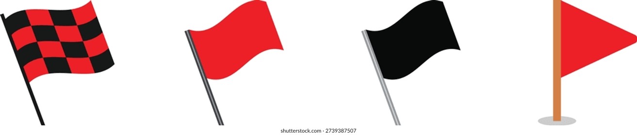 Colorful warning and signal flags set isolated on white background. Red black checkered triangular pennant icons for racing maritime safety navigation events. Flat vector symbols collection.