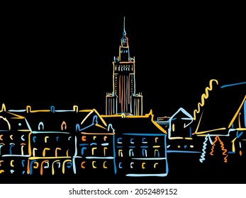 Colorful Warsaw Panorama Drawing on black. Well crafted vector sketch für private and commercial use.
