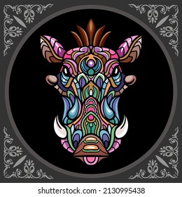 Colorful warthog head mandala arts, isolated on black background