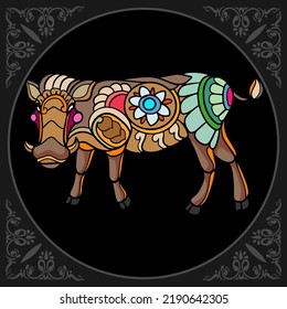 Colorful Warthog zentangle arts isolated on black background
