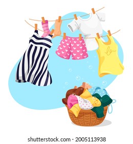 Colorful washed clothes hanged on rope outdoor and lying in straw basket after cleaning vector flat illustration. Daily housework or laundry drying wet clothing at summer day isolated on white