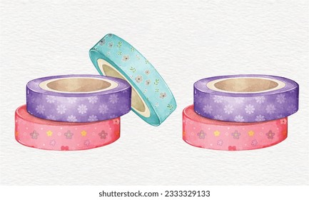 Colorful Washi tape watercolor vector hand drawn illustration, decoration tape 