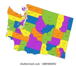 Colorful Washington political map with clearly labeled, separated layers. Vector illustration.