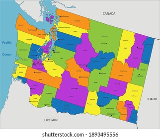 Colorful Washington political map with clearly labeled, separated layers. Vector illustration.