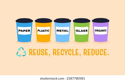 Colorful waste separation containers for different materials including paper, plastic, metal, glass and organic waste, promoting sustainable lifestyle