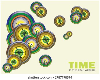 Colorful watches and compasses in a group indicating that time is valuable.Flat vector illustration with attractive font. Can be used for web design,wallpaper,t shirt print,banner and other purposes.