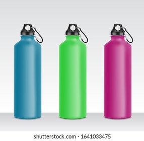 Colorful water bottle set for sport drink, realistic 3D mockup collection of metal beverage containers in blue, green, pink color - camping and biking equipment isolated vector illustration