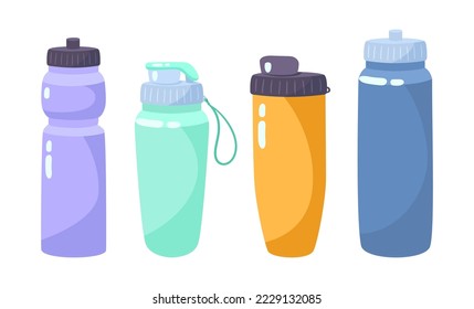 Botellas de agua coloridas para ilustraciones de vectores de fitness. Colección de dibujos animados de botellas plásticas para actividades de entrenamiento aisladas en fondo blanco. Estilo de vida saludable, concepto deportivo