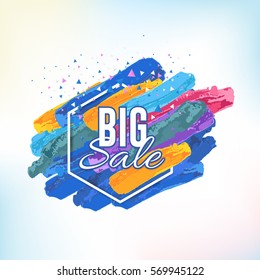 Colorful Water Colors Big Sale Concept Website Banner. Vector Elements, Web Layout Ad Illustration. Business Advertisement Design, Gift Voucher, Creative Geometric Shapes