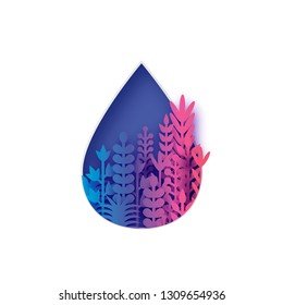 Colorful water drop with paper cut flowers and leaves. Aqua shape with origami floral bouquet.
