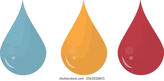 Colorful Water Droplet Icons Illustration. Three colorful droplet icons in blue, orange, and red, representing fluid, design elements, or sustainability themes isolated on white background