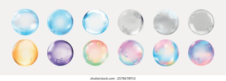 Colorful water droplets in various hues. Water droplets in blue, pink, and yellow. Shiny droplets with reflections. Water droplets on a white background. Soap bubble element vector set.