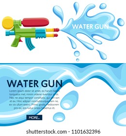 Colorful water gun. Water splash on white background. Flat vector illustration. Place for your text. Website page and mobile app design.