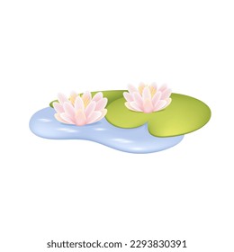 Colorful water lily 3d vector illustration. White flowers or lotuses on pond in garden or wild in cartoon style isolated on white background. Plants, nature, home interior concept