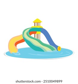Farbige Wasserrutschen, die in das Schwimmbad hinunter gehen, auf weißem Hintergrund, der den Sommerurlaub symbolisiert