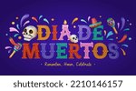 ˇˇ3D colorful water splashes around and decorated text with fista elements, including sugar skull, sombrero, red chilli, candle, and maracas. Text: Day of the dead