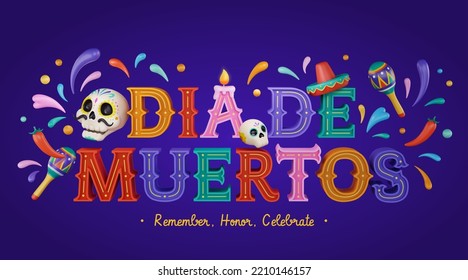 ˇˇ3D colorful water splashes around and decorated text with fista elements, including sugar skull, sombrero, red chilli, candle, and maracas. Text: Day of the dead