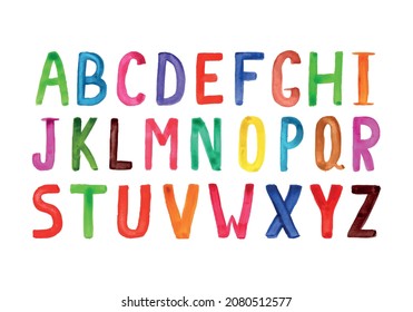 abecedario colorido de acuarela aislado en fondo blanco, letras multicolores para dosificación depot, las letras se dibujan con un pincel de color brillante.