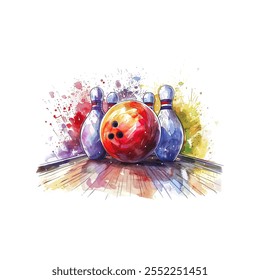 Colorful Watercolor Art of Bowling Ball and Pins. Vector illustration design.