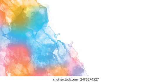 Colorful watercolor background of abstract sunset sky with puffy clouds in bright rainbow colors of pink blue yellow orange and purple