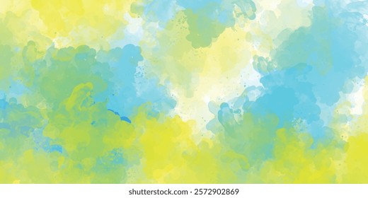 Colorful watercolor background of abstract sunset sky with paint blotches and soft blurred texture in blue green yellow and sky gradient background 